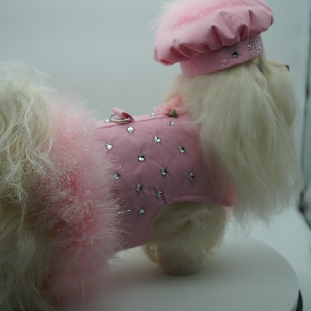 Dog Clothes Rhinestones Harness and Hat in Baby Pink Sz S